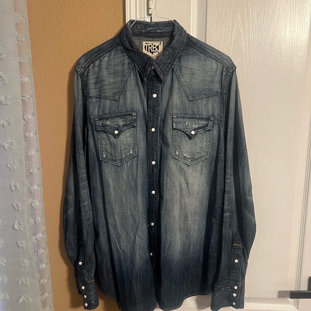 True Religion distressed denim shirt sz x large